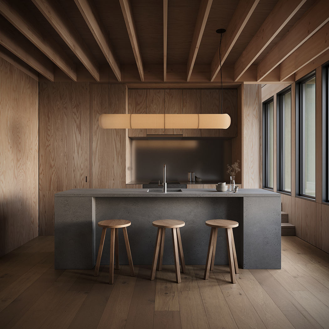 A modern kitchen with wooden walls, concrete countertops, and pendant lighting.