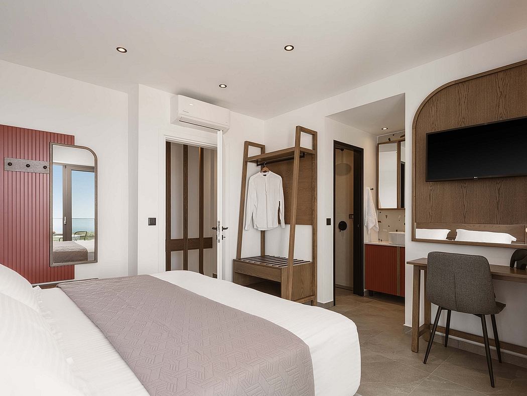 Sleek, modern bedroom with warm wood accents, built-in storage, and a minimalist aesthetic.