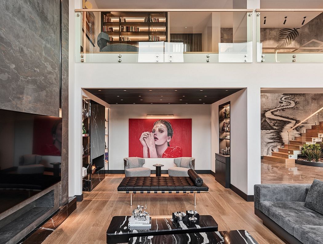 Sleek, modern living space with vibrant artwork, built-in shelving, and minimalist furniture.