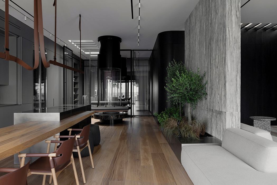 Sleek, minimalist interior with wood floors, glass walls, and a living plant feature.