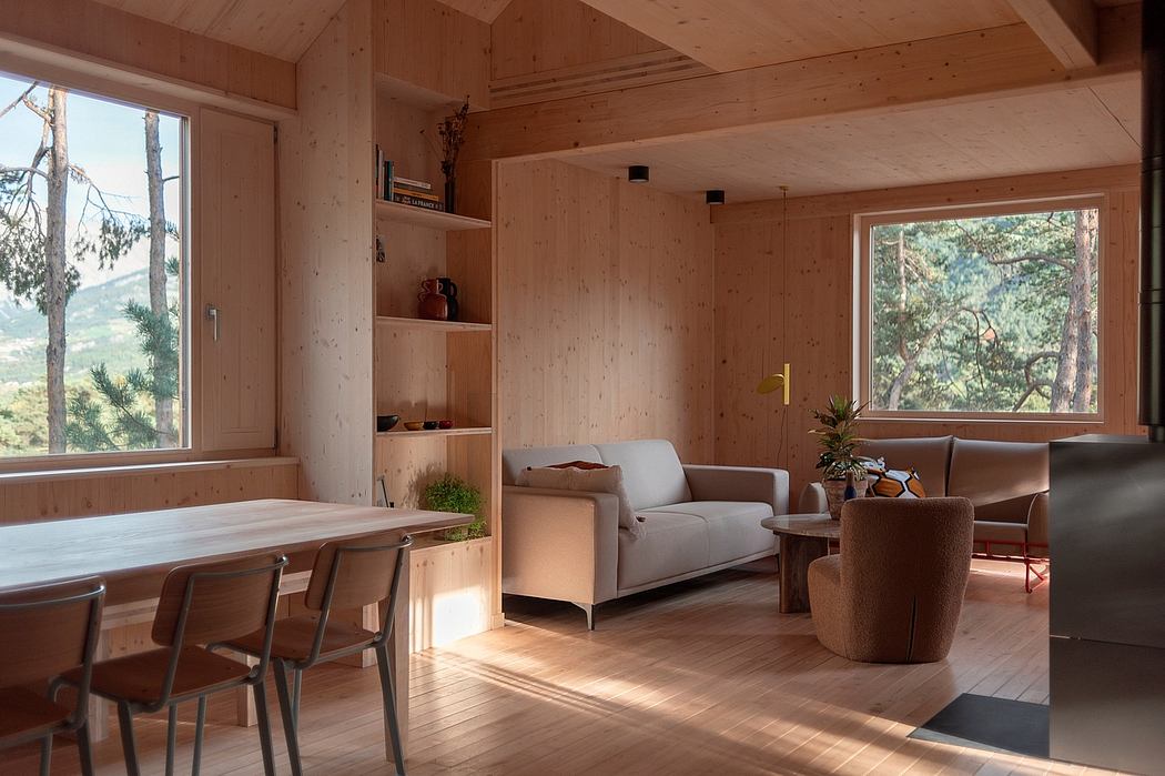 The interior features wooden walls, shelves, and furniture, creating a warm, rustic ambiance.