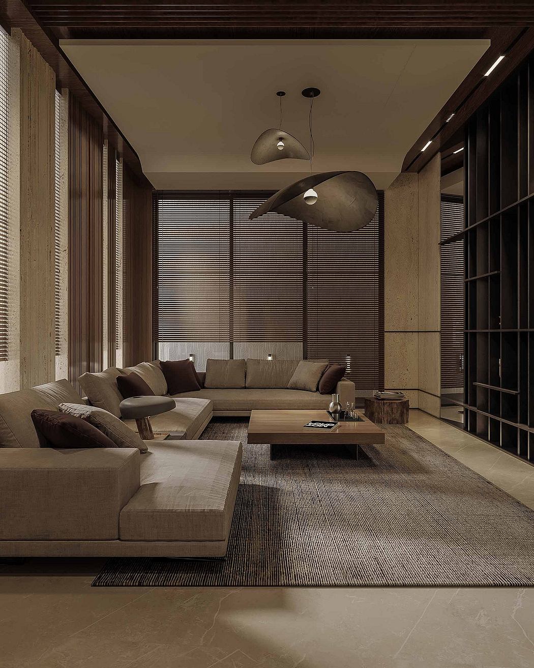 Warm-toned modern interior with sleek sectional sofa, pendant lighting, and patterned rug.