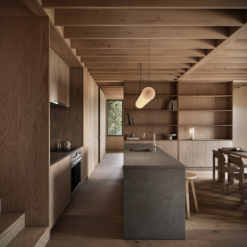 Warm-toned wood beams and sleek concrete island define this minimalist kitchen.