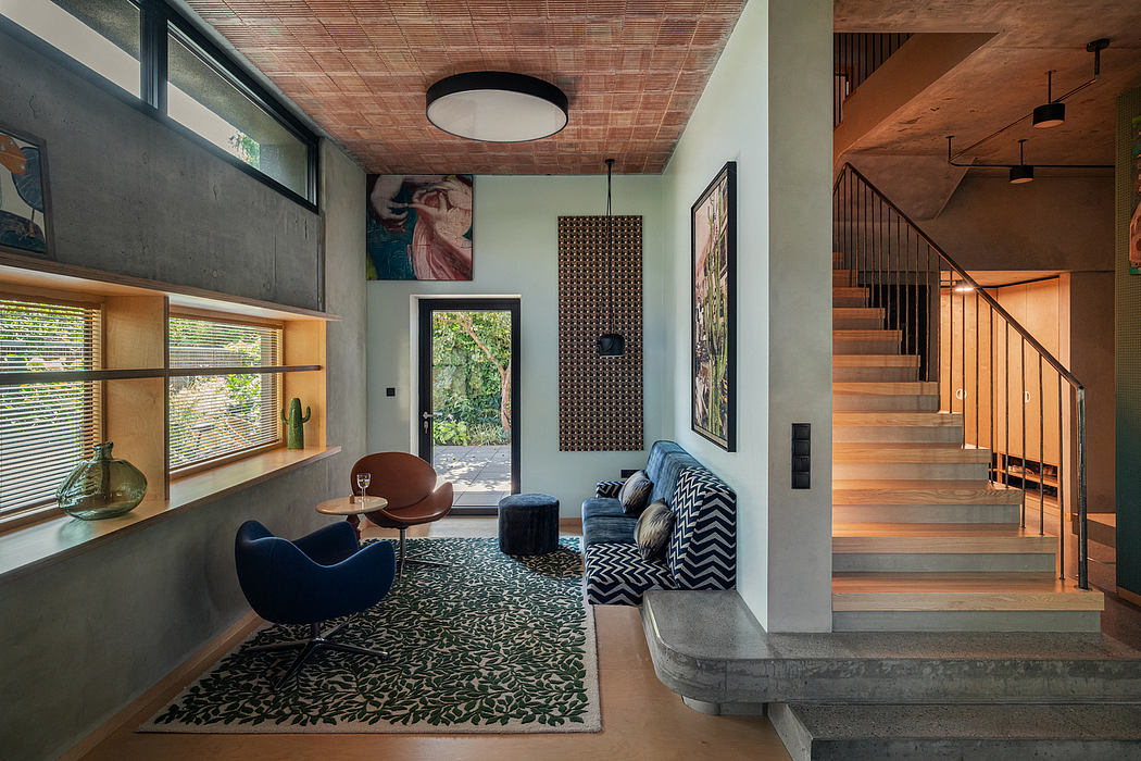 Spacious contemporary interior with wood, concrete, and textile accents.