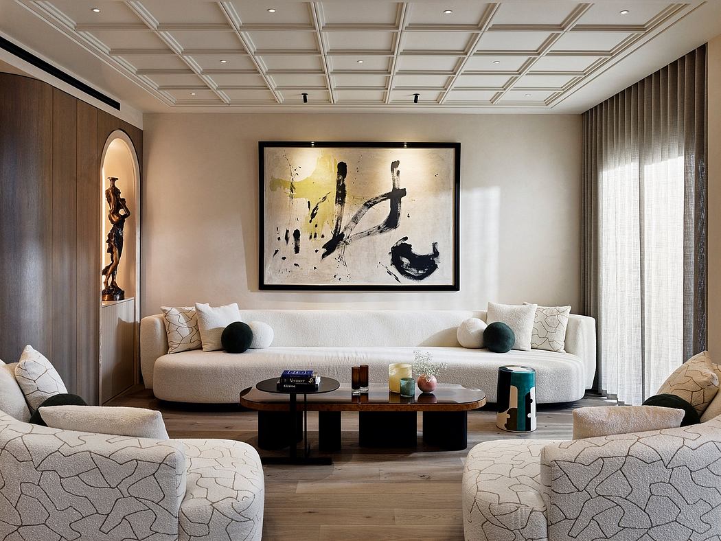 Elegant living room with ornate coffered ceiling, abstract artwork, and plush furnishings.