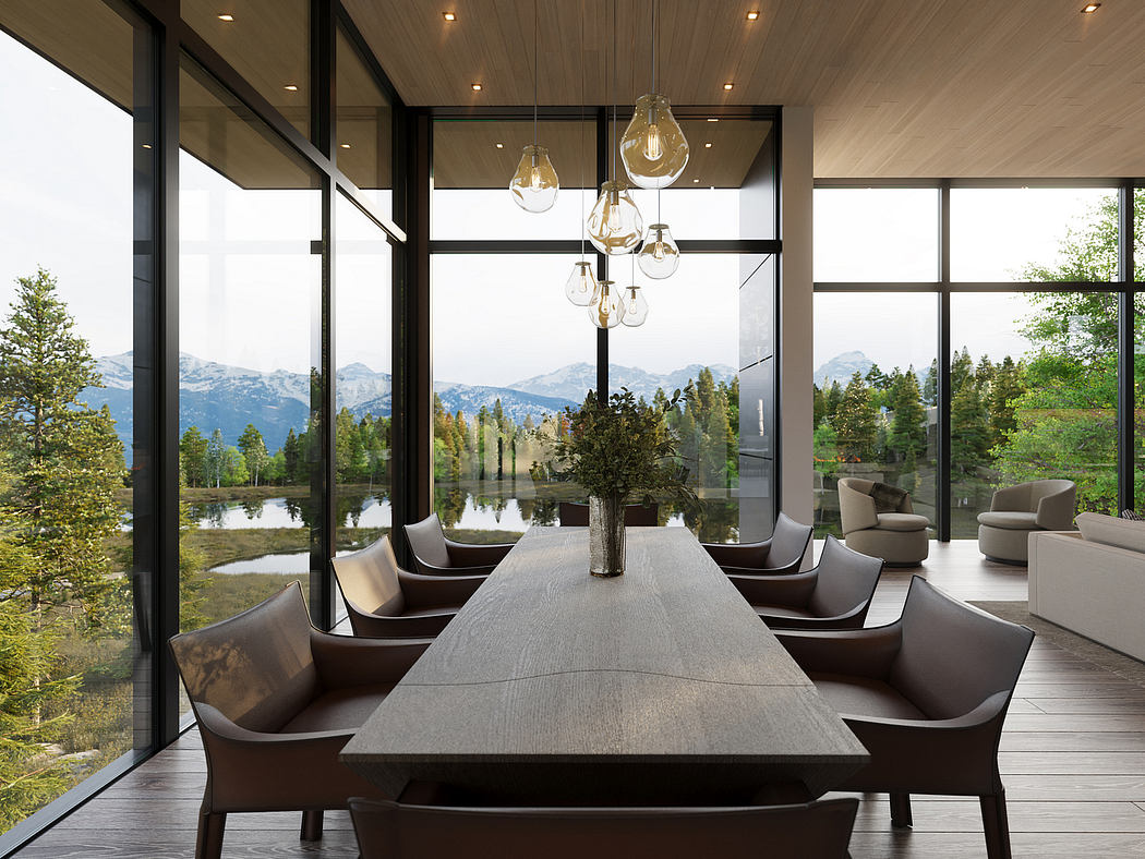 Expansive floor-to-ceiling windows frame a scenic mountain landscape. Sleek modern furnishings and statement lighting define the interior.