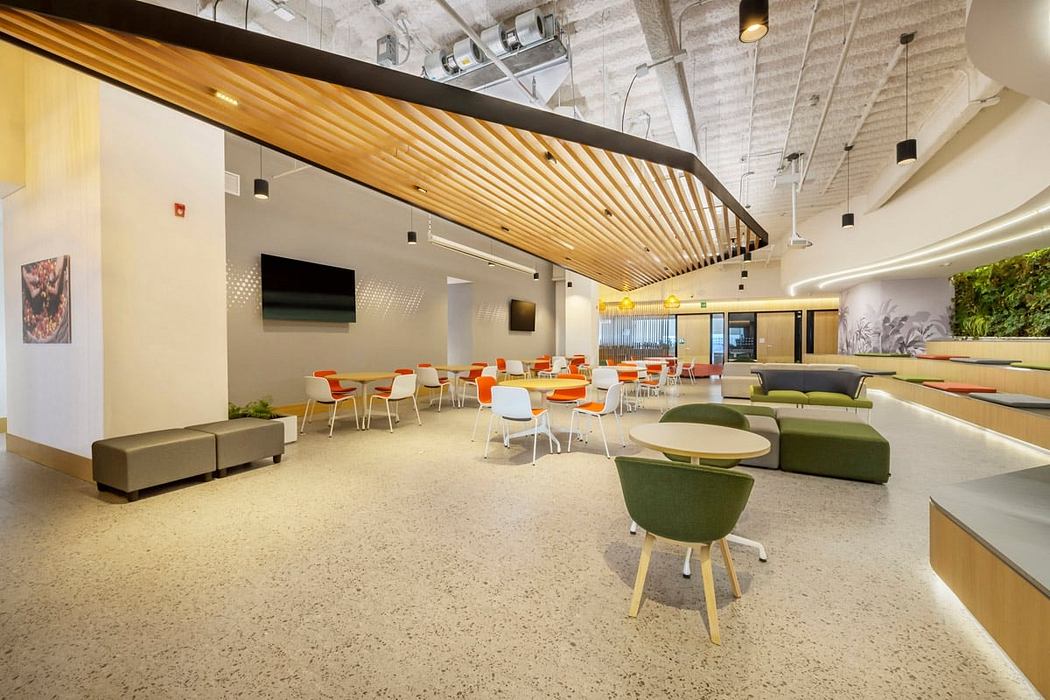 A modern, open-concept office space with a wooden slat ceiling, colorful furniture, and natural elements.