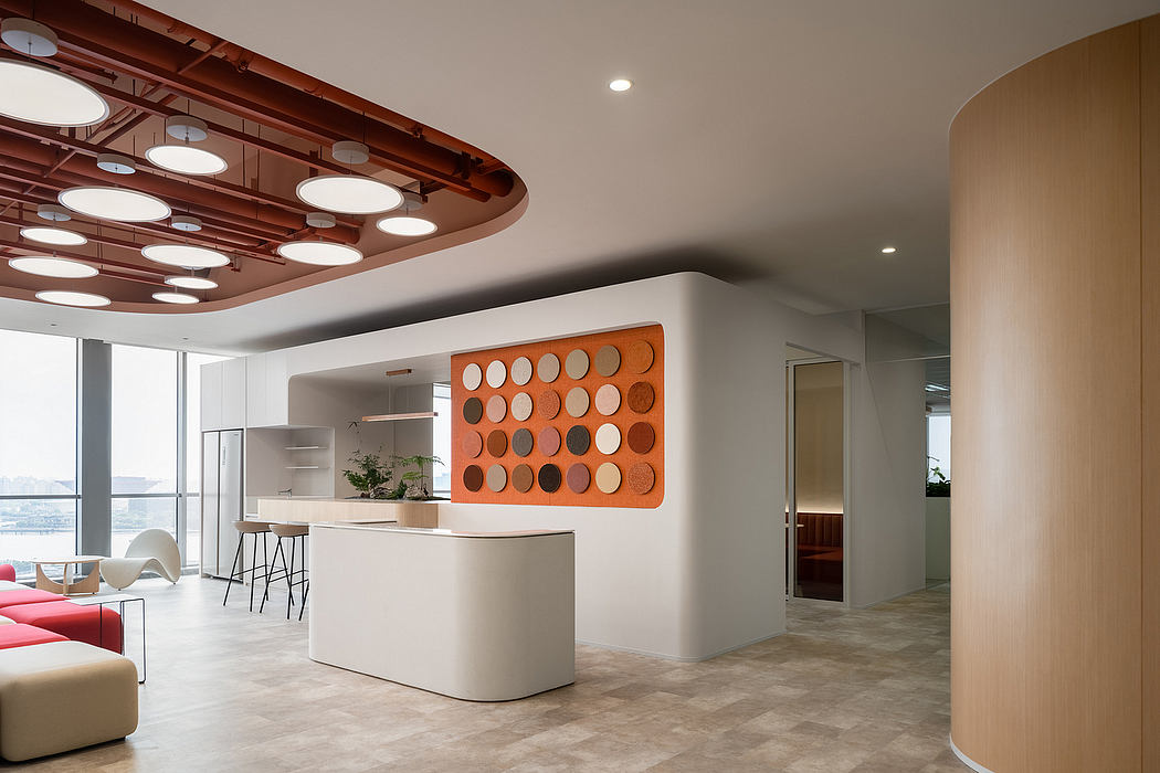 Elegant modern office space with sleek wood and orange accents, stylish lighting.