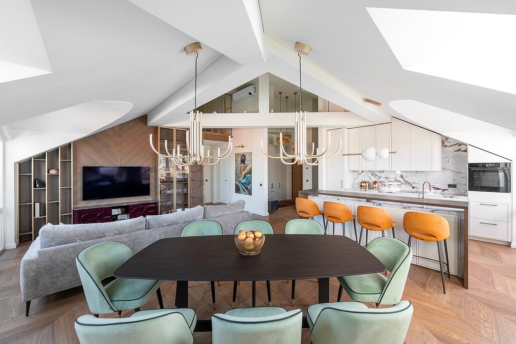 Spacious, modern open-concept layout with vaulted ceilings, warm wood tones, and vibrant accents.