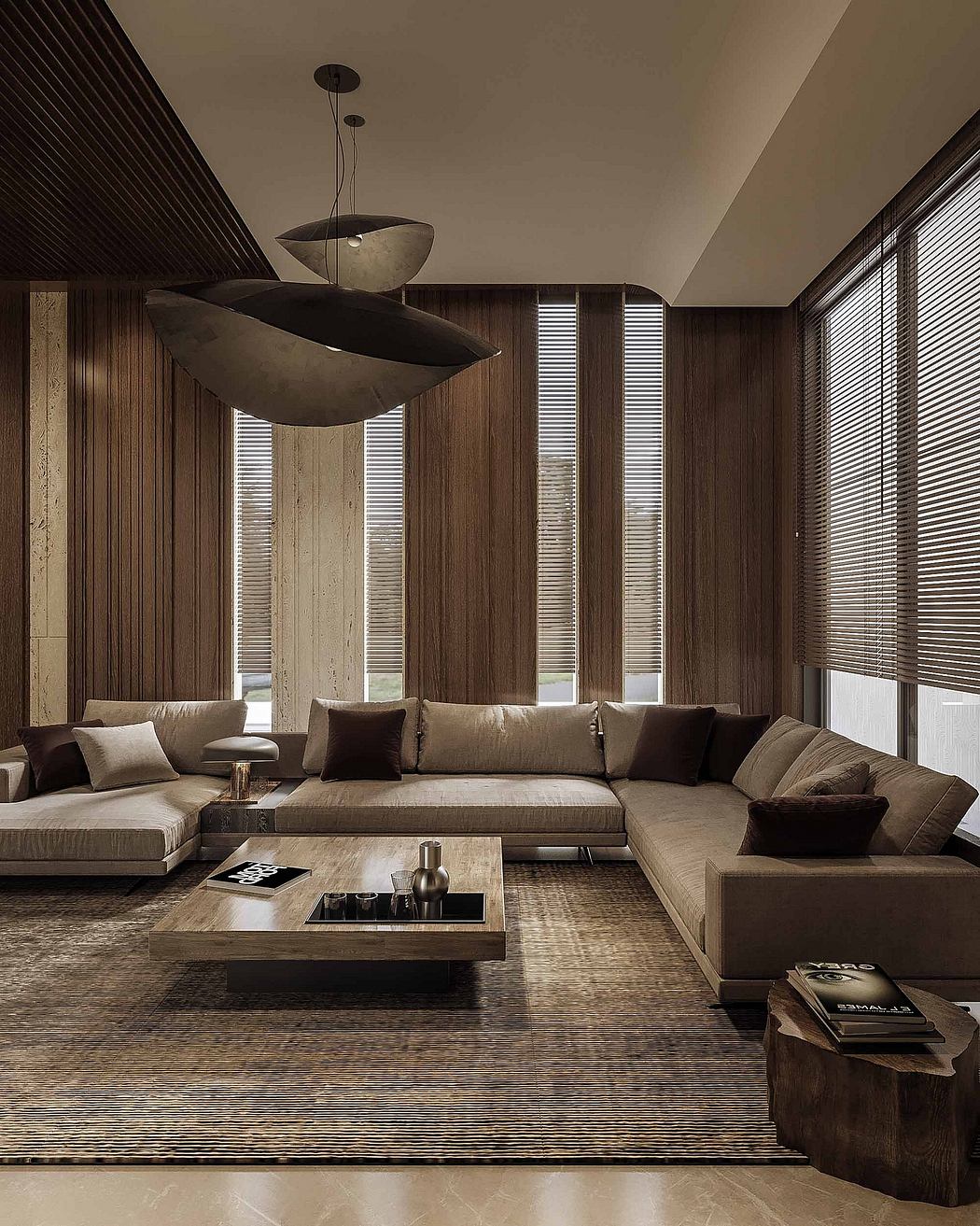Spacious living room with sleek modern furnishings, wood paneling, and distinctive lighting.