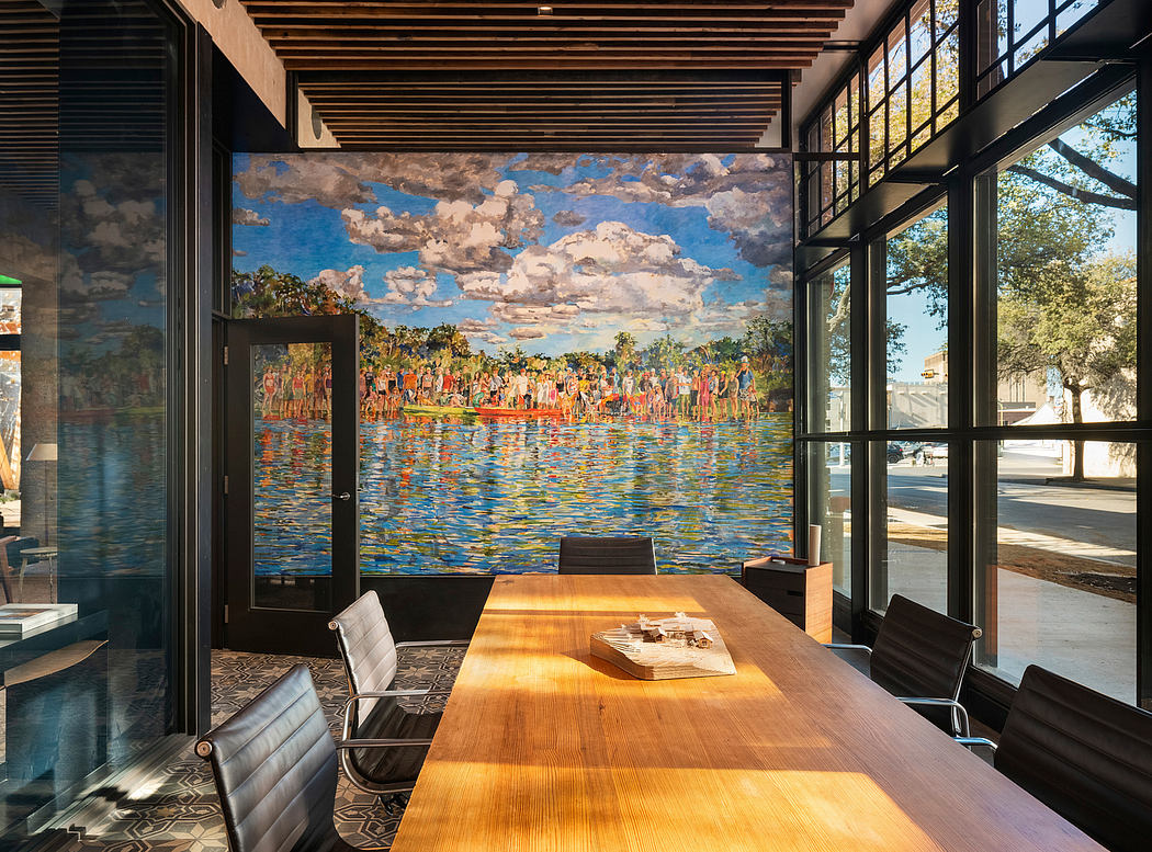 Stunning mural backdrop with modern wooden beams and large windows showcasing nature.