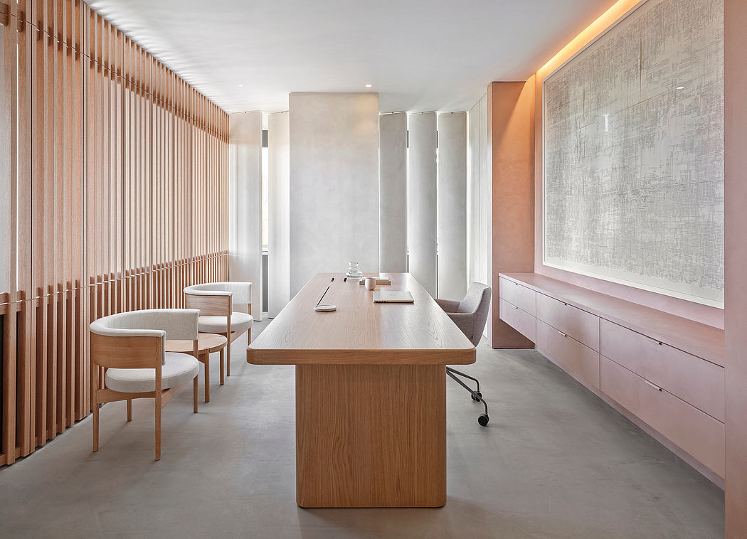 Spacious modern office with clean lines, natural wood, and neutral colors.