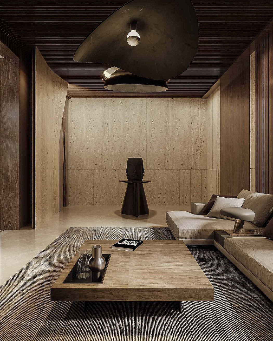 A minimalist, modern interior with concrete walls, wood furnishings, and a large sculptural light fixture.