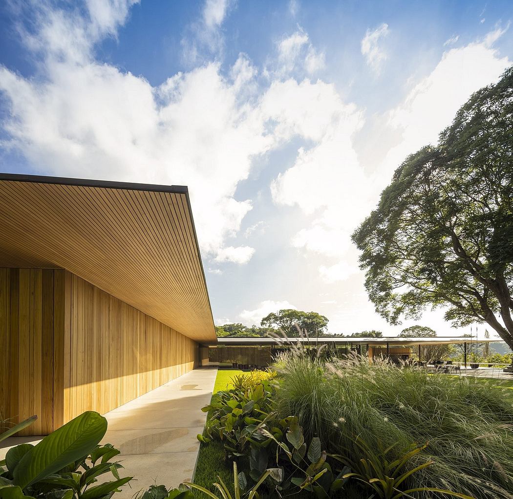 Striking wooden facade with lush greenery, creating a harmonious modern design.
