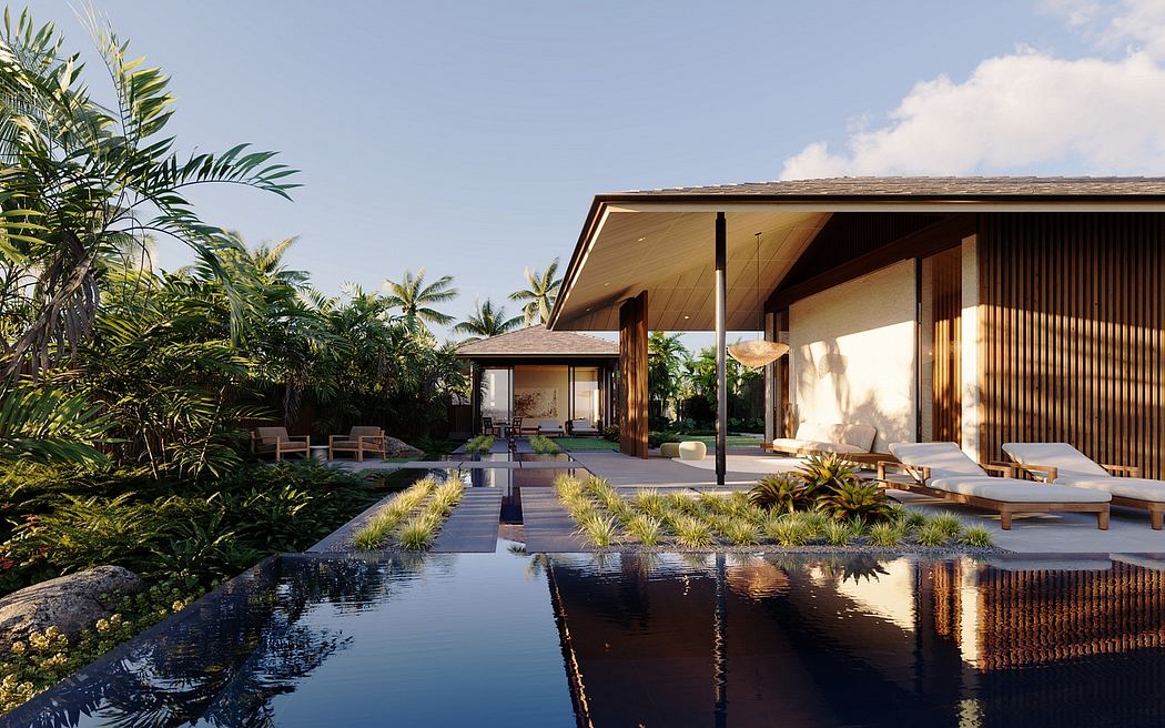 Tropical paradise villa with modern wooden architecture, reflecting pool, and lush greenery.