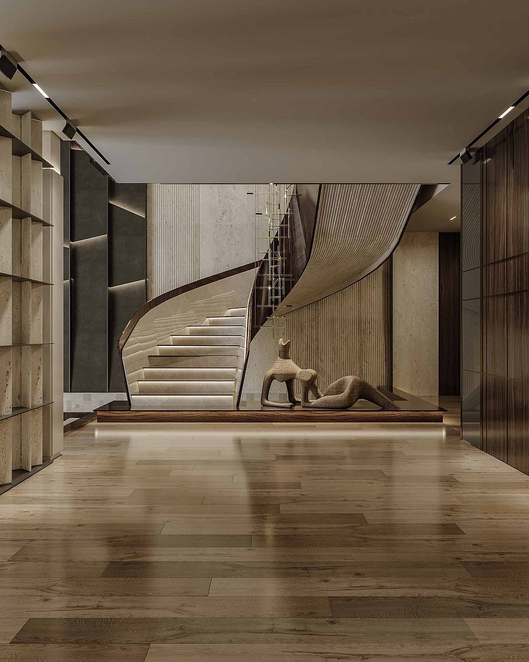 Elegant staircase with curved lines, wood and stone textures, and sculptural decor.