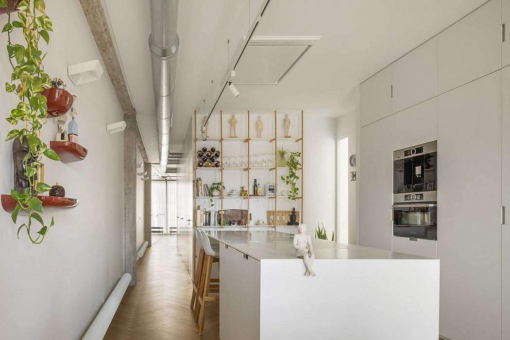 Minimalist kitchen with open shelving, pendant lights, and modern appliances.