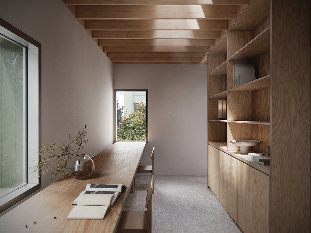 Warm, minimalist interior with wooden beams, shelving, and a view of nature.