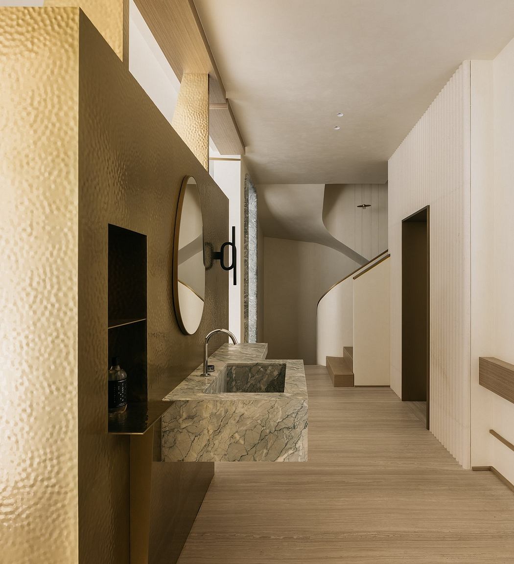 Elegant modern hallway with marble vanity, wood flooring, and recessed lighting.