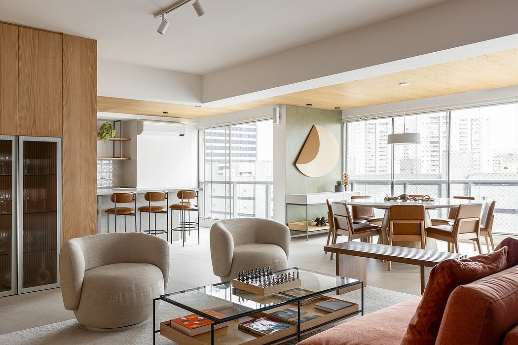 Sleek, minimalist space with warm wood tones, modern furniture, and large windows.