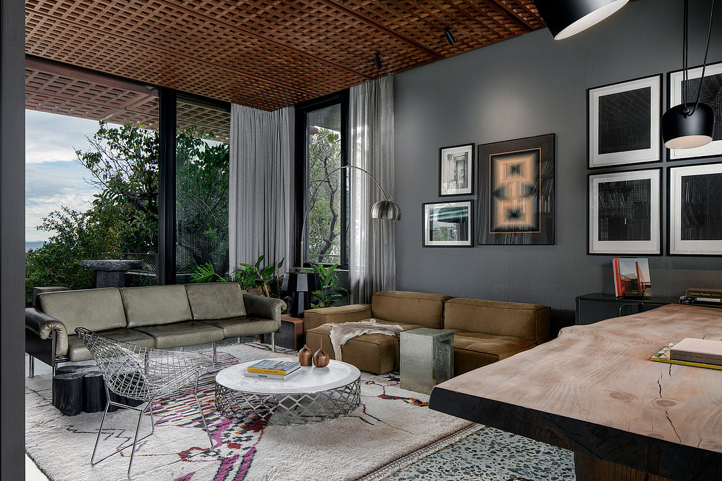 Cozy living space with rustic wooden ceiling, large windows, and modern furnishings.