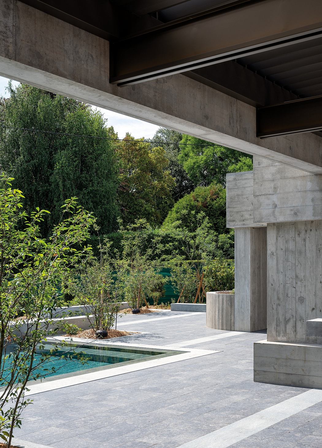 Concrete architectural design with serene pool and lush greenery backdrop.