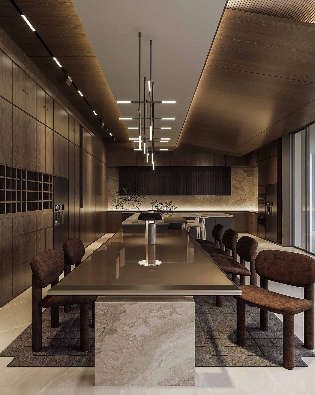 Sleek, modern dining area with geometric pendant lighting and textured wood paneling.