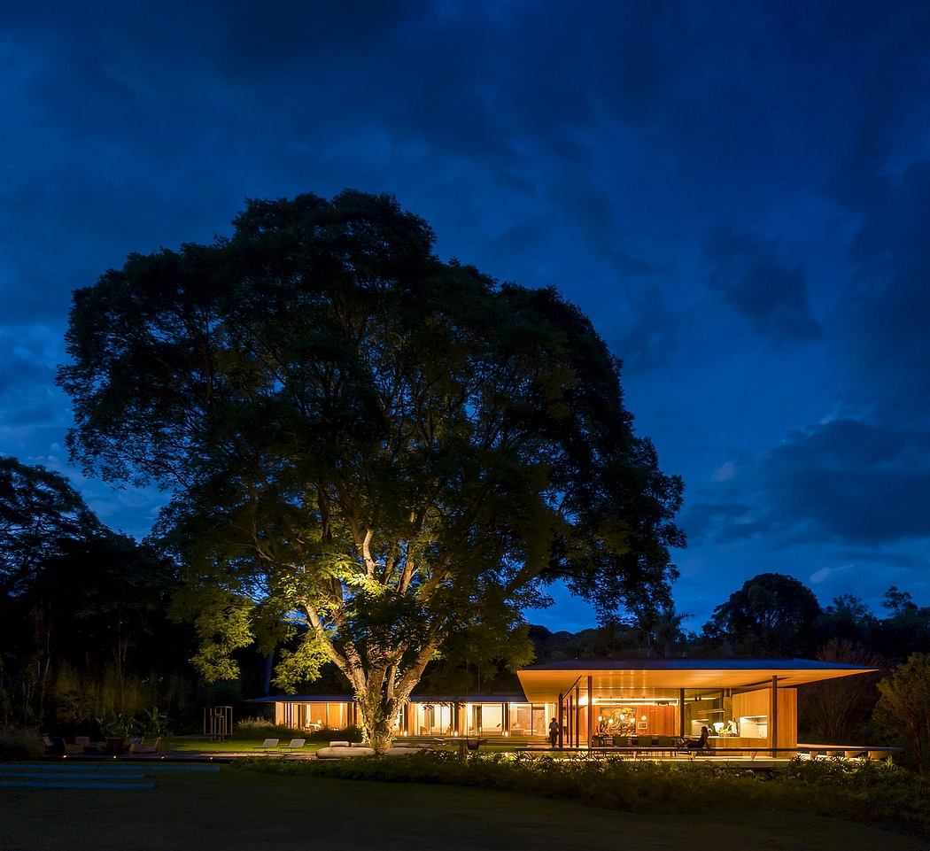 A modern, well-lit house set in a lush, wooded landscape under a dark blue sky.