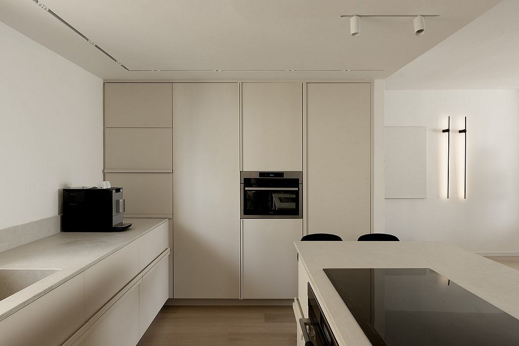 Minimalist kitchen with built-in cabinets, sleek appliances, and clean lines.