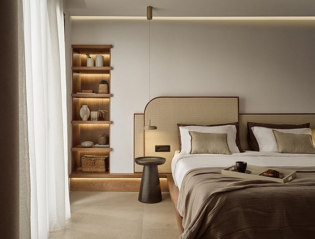 Warm, minimalist bedroom with wooden shelving, neutral tones, and cozy furnishings.