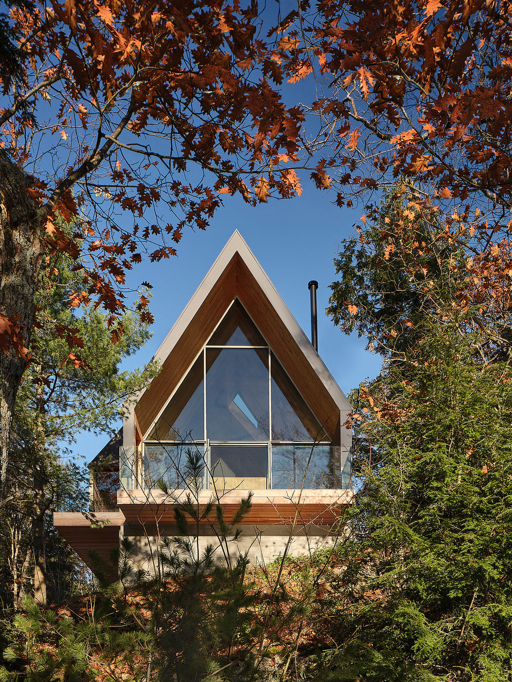 Striking A-frame architecture surrounded by vibrant autumn foliage and lush greenery.
