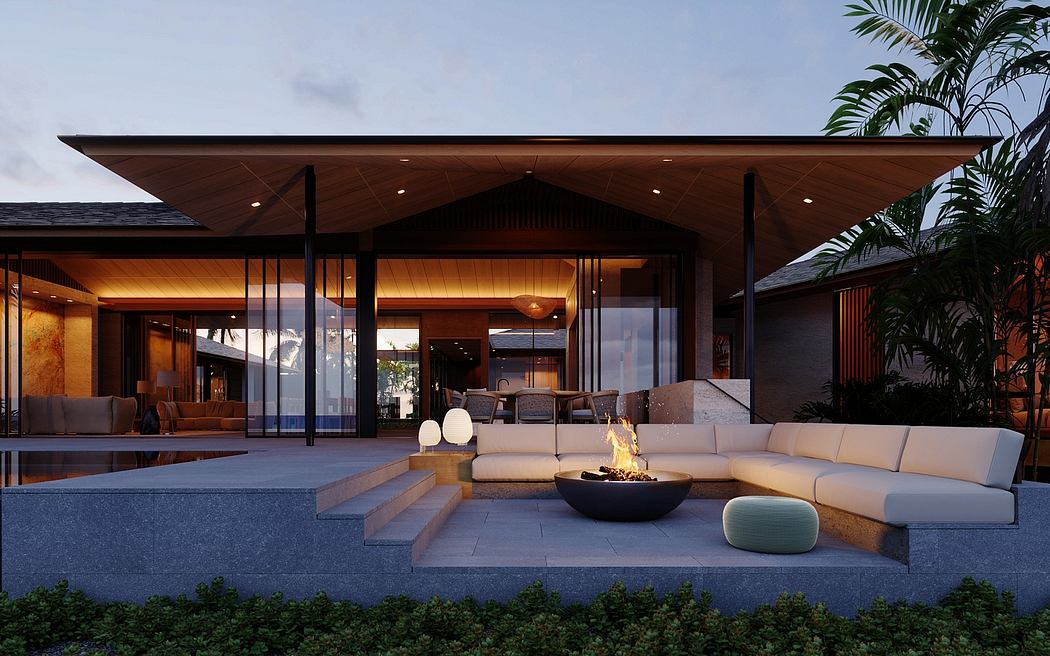 Striking modern home design with expansive covered patio, fire pit, and lush landscaping.