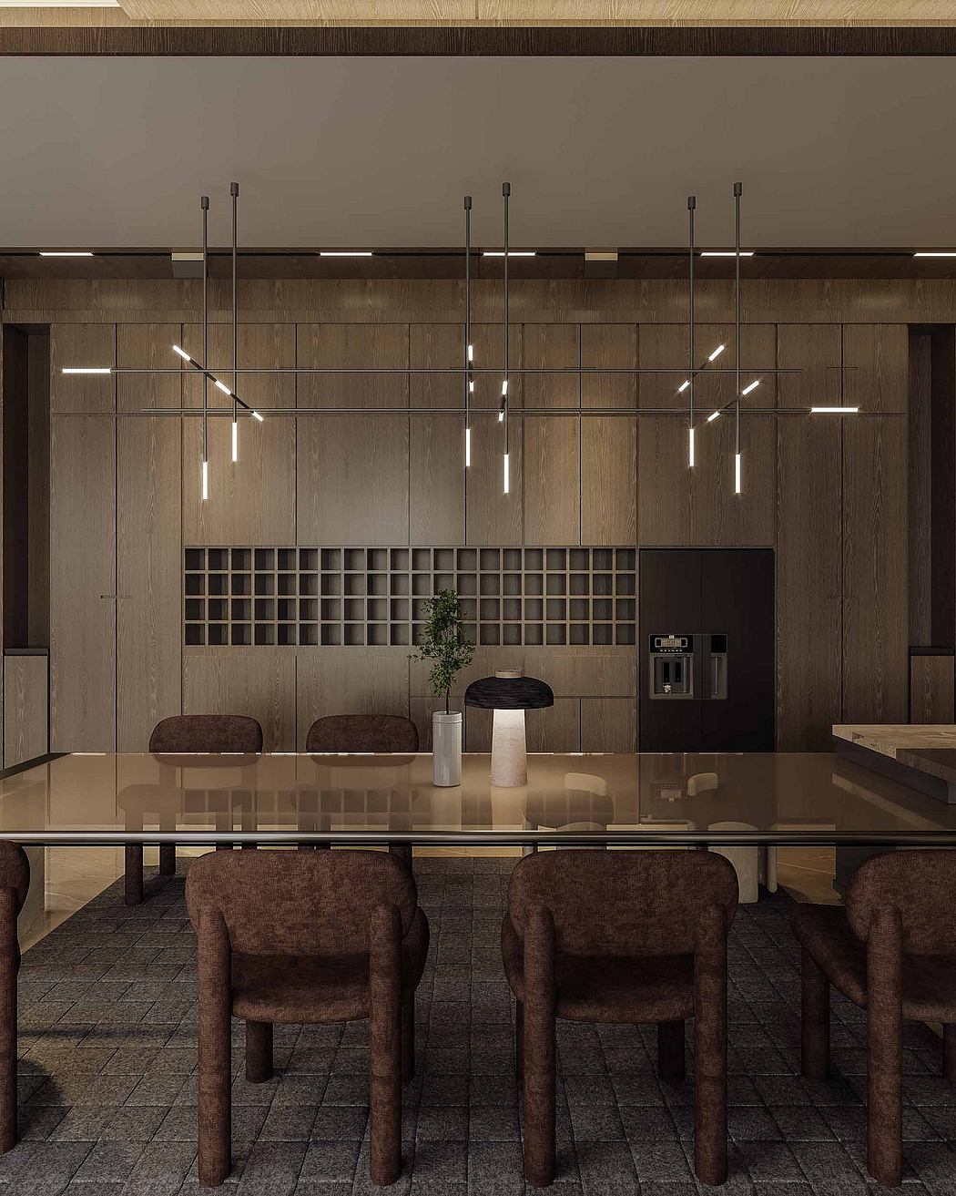 Sleek, minimalist dining space with statement lighting fixtures, wooden panels, and modern furniture.