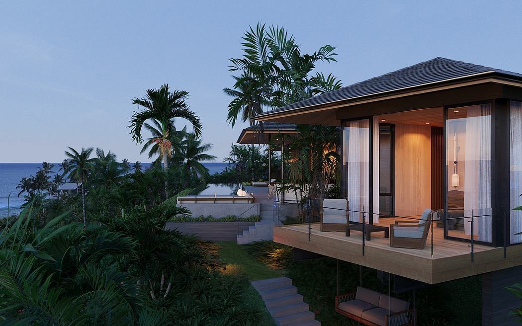 A modern tropical villa with glass walls, outdoor patio, and palm tree surroundings.