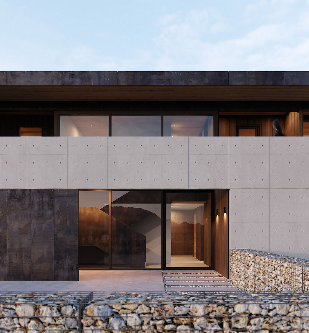 Modern, minimalist exterior with concrete panels, stone foundation, and floor-to-ceiling windows offering mountain views.
