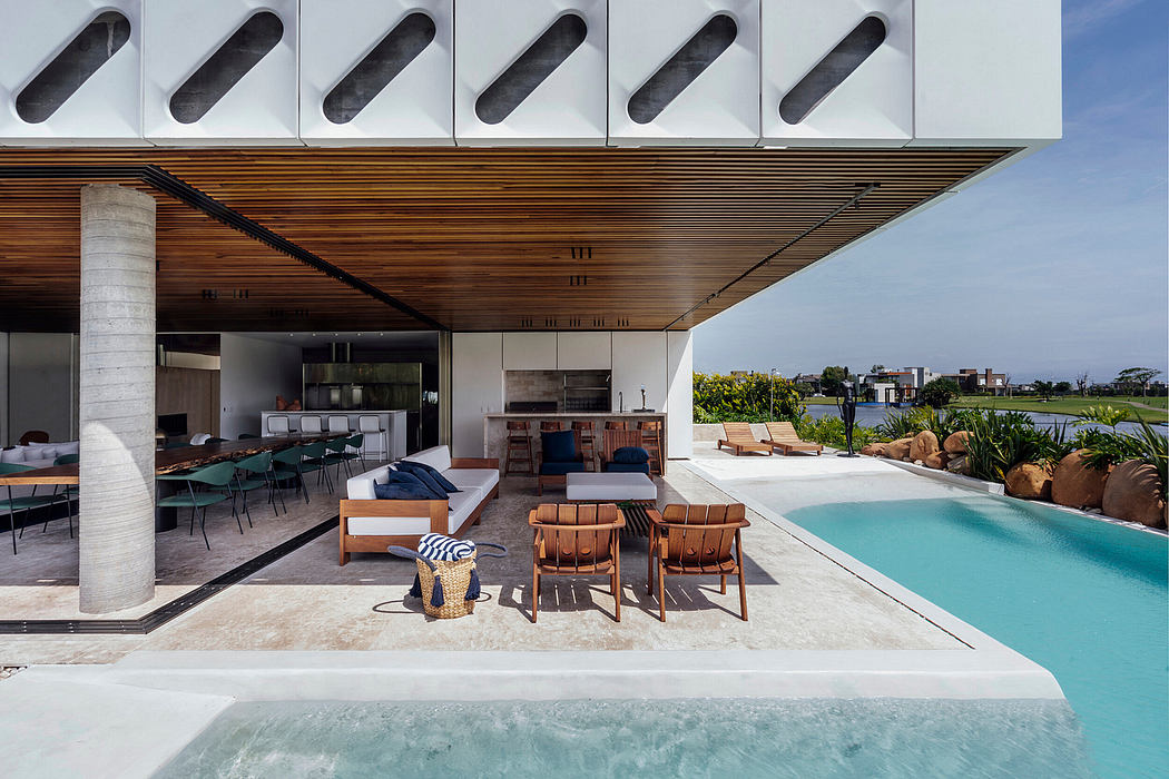 Striking architectural design with modern wood and concrete elements, outdoor pool.