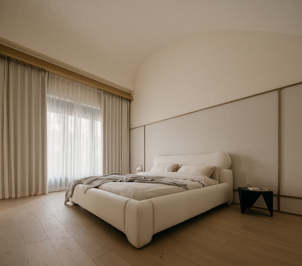 Minimalist bedroom with neutral tones, soft curtains, and wooden flooring. Elegant, soothing atmosphere.