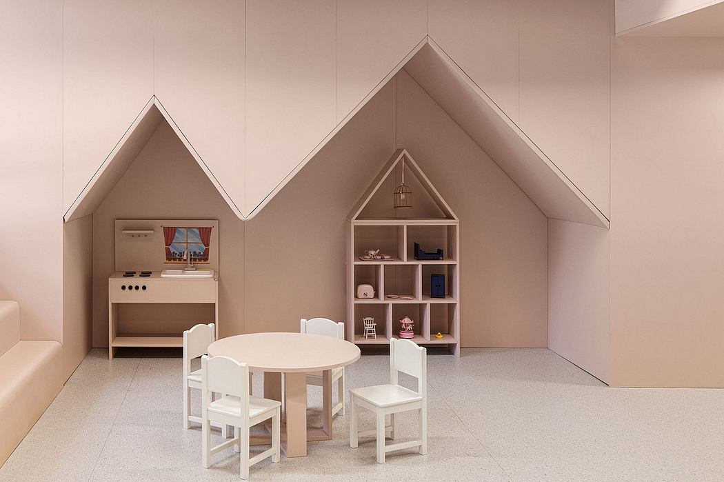 Cozy attic playroom with white furniture, shelving, and pitched roofline.