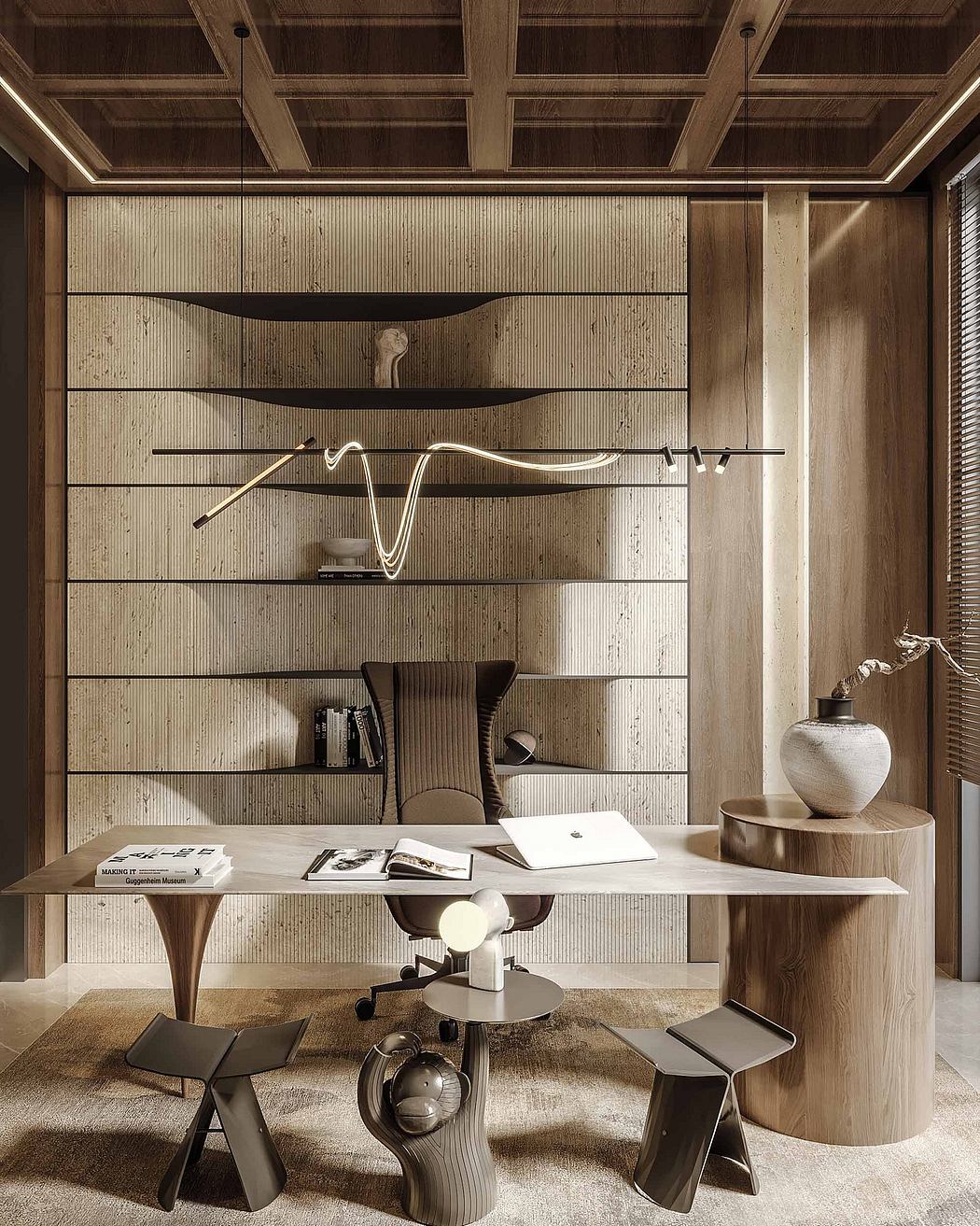 Elegant wooden paneled office with sleek furniture and distinctive lighting fixture.