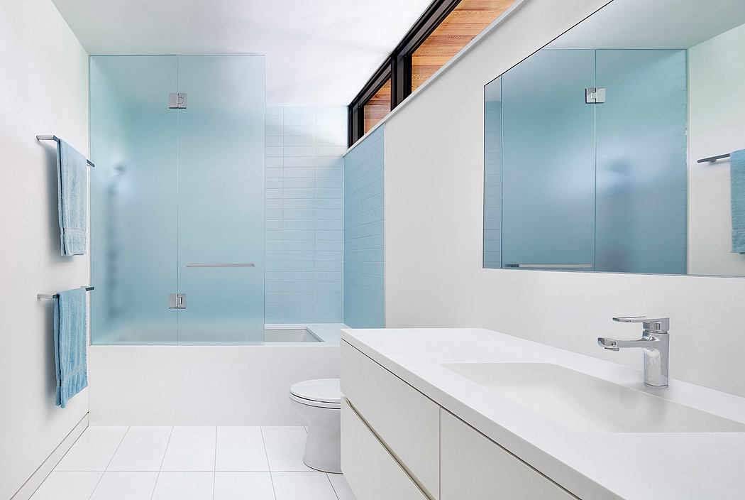 A modern bathroom with sleek glass walls, white vanity, and wood ceiling details.