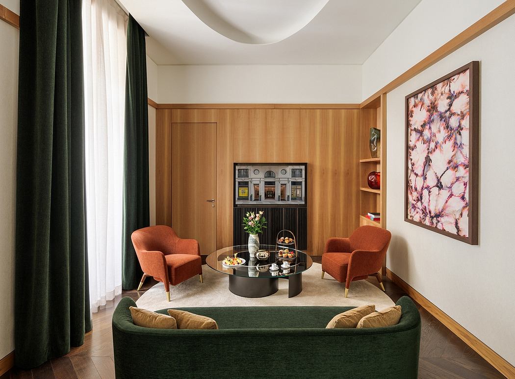 A stylish living room with wooden paneling, contemporary furniture, and artwork.