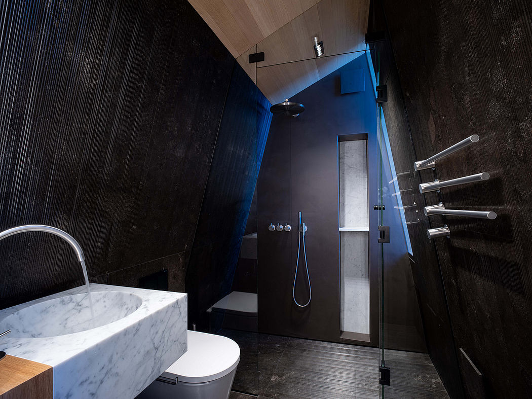 Contemporary bathroom design with dark walls, marble vanity, and sleek shower fixture.