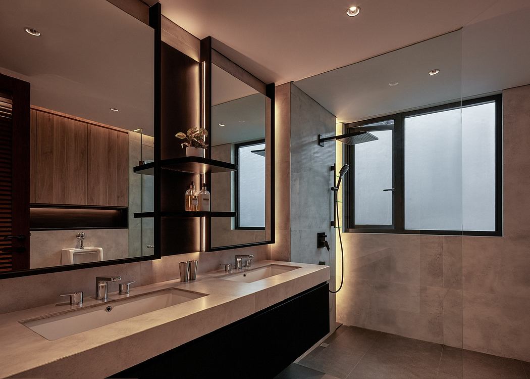 Sleek, modern bathroom design with minimalist vanity, mirrored cabinets, and large windows.
