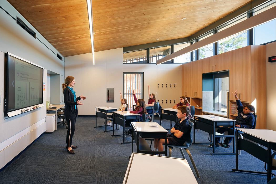 Well-lit, modern classroom with wooden ceiling, large windows, and sleek, functional furnishings.