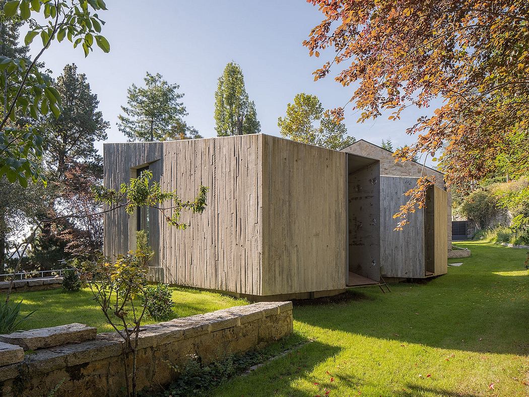 Minimalist wooden structures with clean lines and natural surroundings.