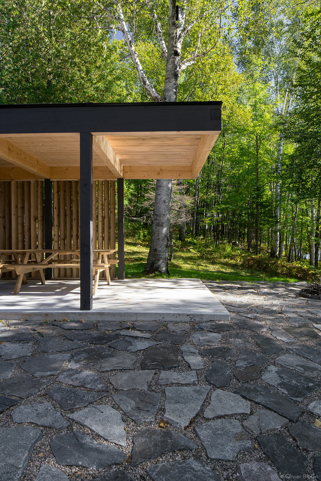 Minimalist wooden pavilion with slanted roof and stone paving surrounded by lush forest.