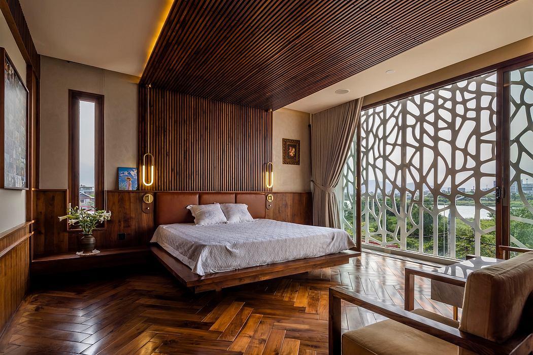 Elegant modern bedroom with wooden ceiling, intricate window screens, and hardwood floors.