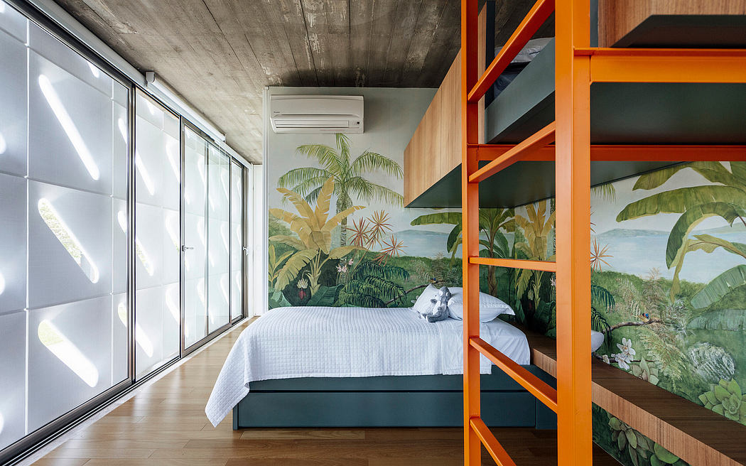 Modern bedroom with tropical-inspired mural, wood accents, and minimalist furnishings.