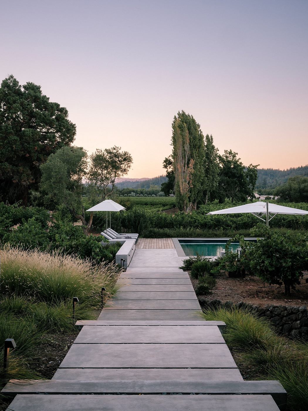 A serene outdoor garden oasis with a wooden walkway leading to a secluded pool area.