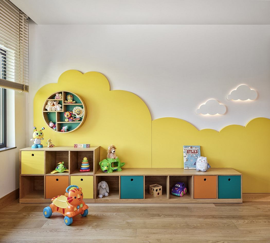 Bright, playful nursery decor with cloud-shaped shelves and storage units on wooden floor.